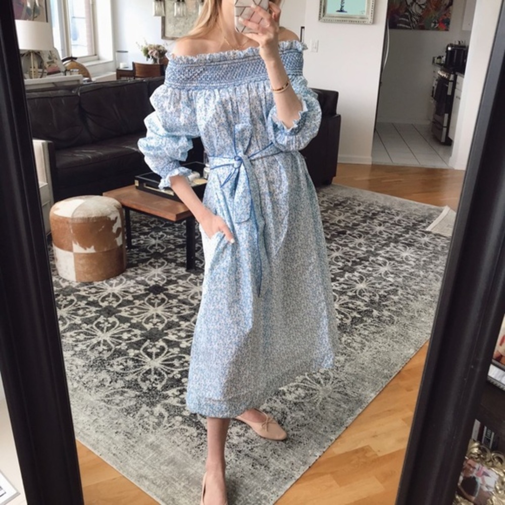Dondolo/Pencil & Paper Co. Blue Floral Off-Shoulder Midi Dress